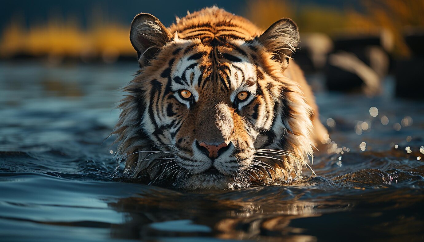 photo d'un tigre dans l'eau dont sa tête est en dehors de l'eau et le reste dedans